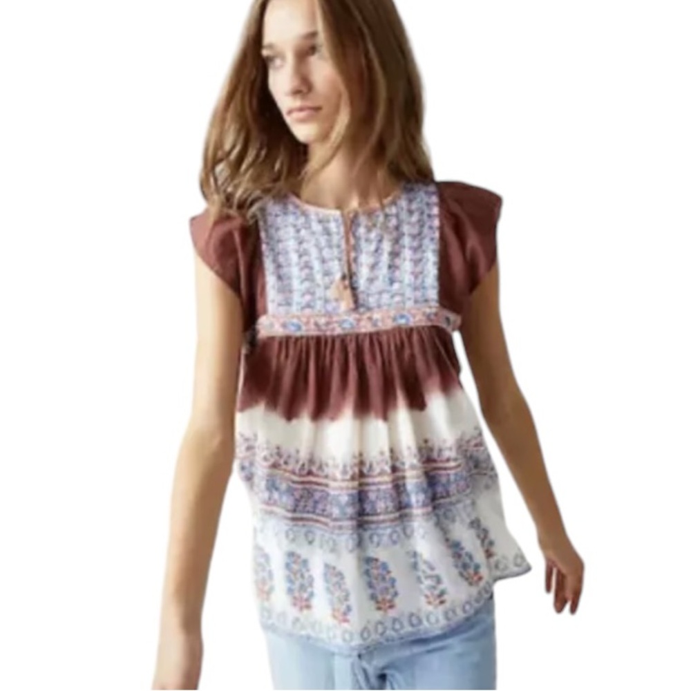 Ulla Johnson Dawn Brown Pink Blue Floral Ombré Tie Neck Tassel Peasant Top - 4